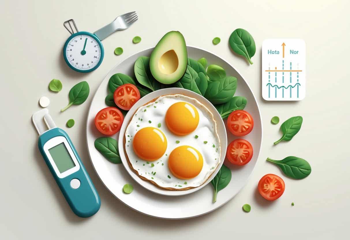 A plate with two fried eggs and fresh vegetables like tomatoes, spinach, and avocado, alongside a glucometer and a small chart showing blood sugar levels.