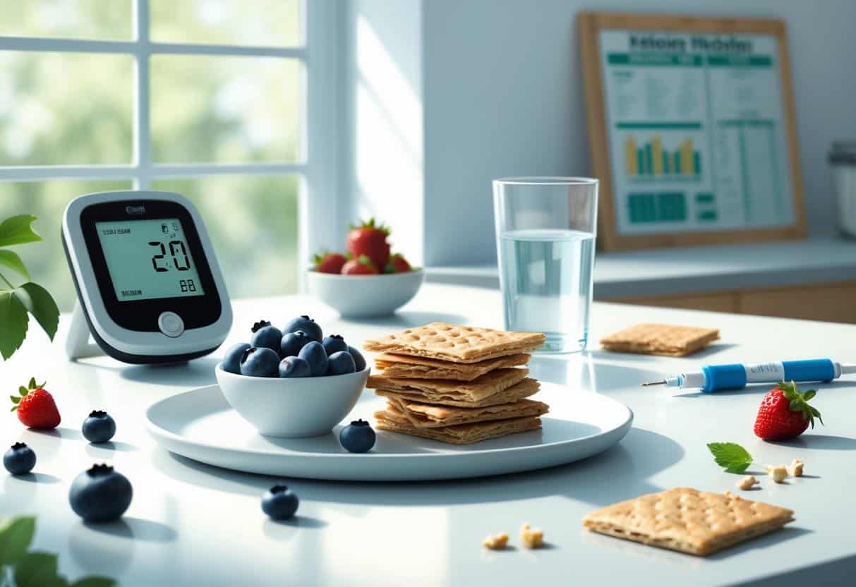 A plate with graham crackers, fresh berries, a glass of water, a blood glucose monitor, and an insulin pen on a kitchen countertop.