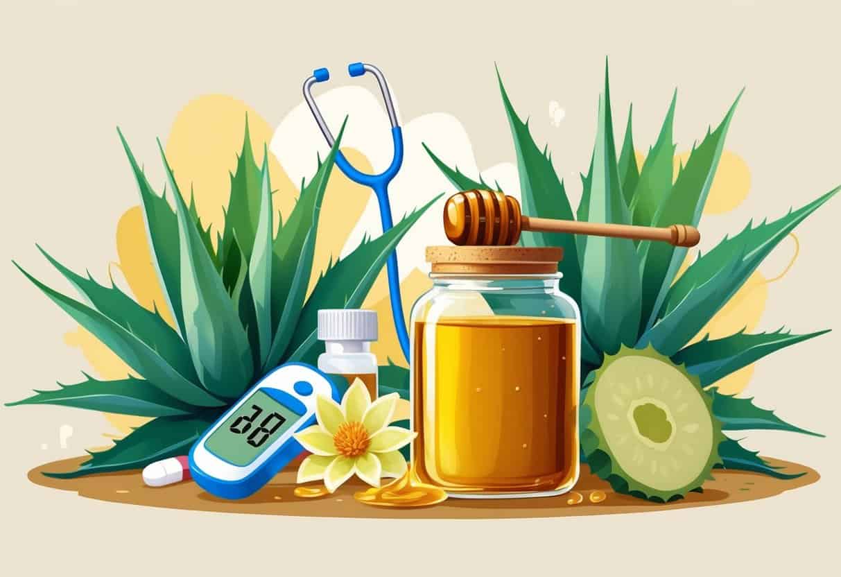 A jar of agave syrup with a honey dipper, an agave plant, and a glucose meter showing a blood sugar reading, surrounded by medical items.