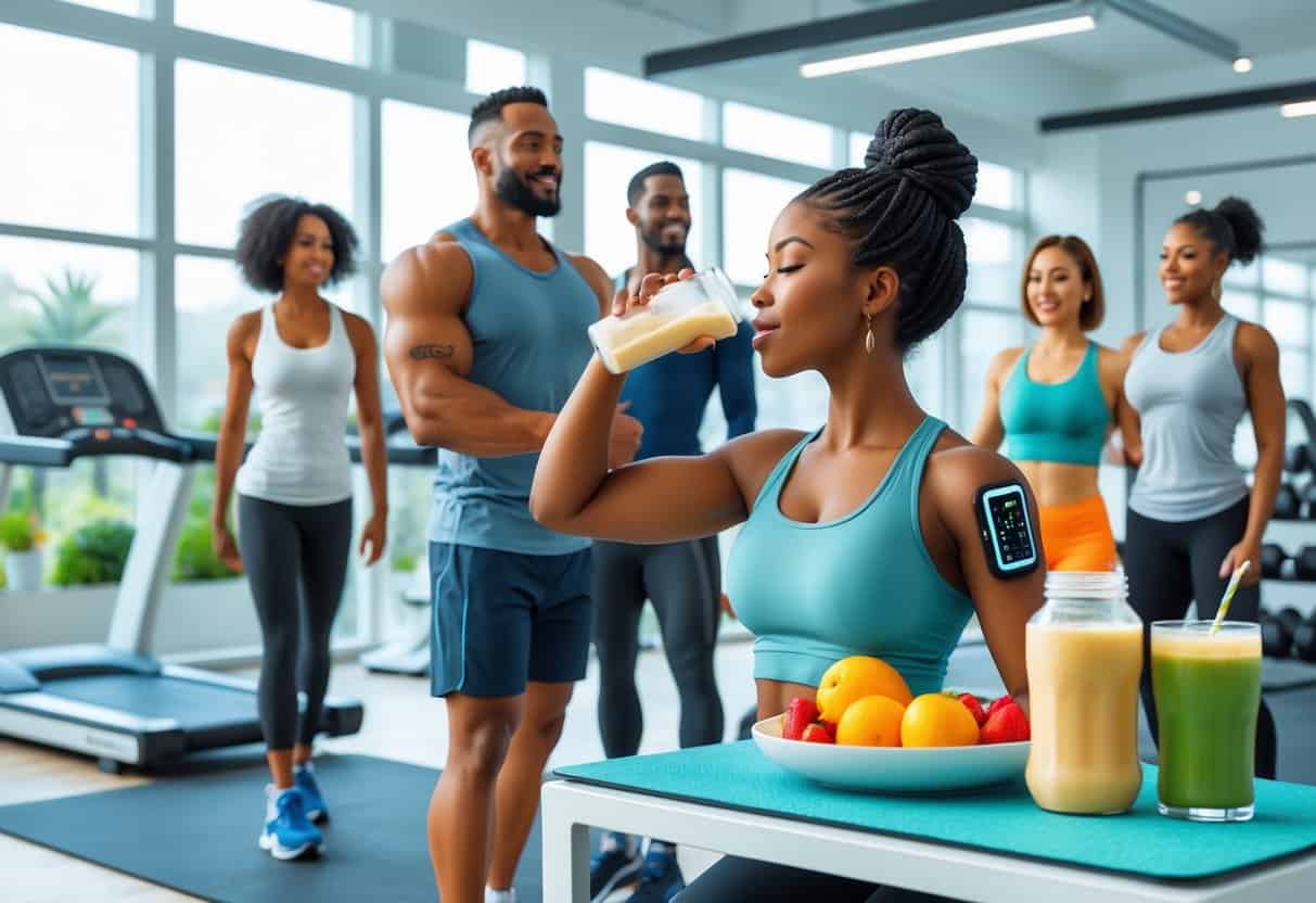 A person with a glucose monitor drinking a protein shake after exercising in a gym with workout equipment and healthy foods nearby.