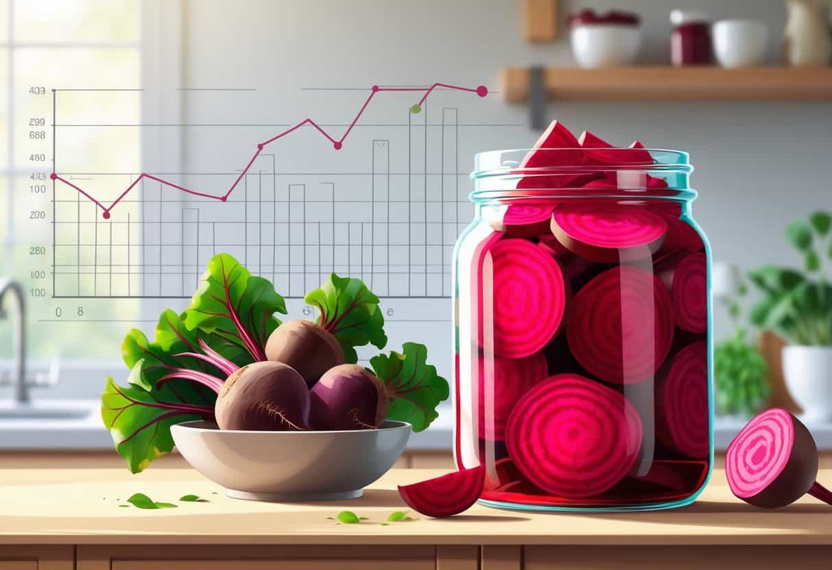 A jar of pickled beets on a kitchen counter with whole beets nearby and a faint blood sugar chart in the background.