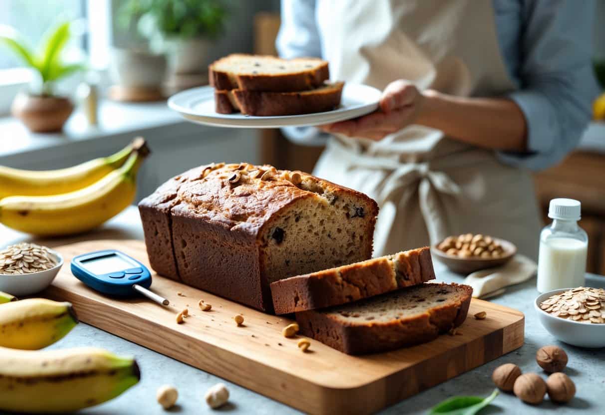 A person holding a plate with a slice of banana bread next to a loaf on a cutting board, surrounded by bananas, nuts, and a glucose meter on a kitchen counter.