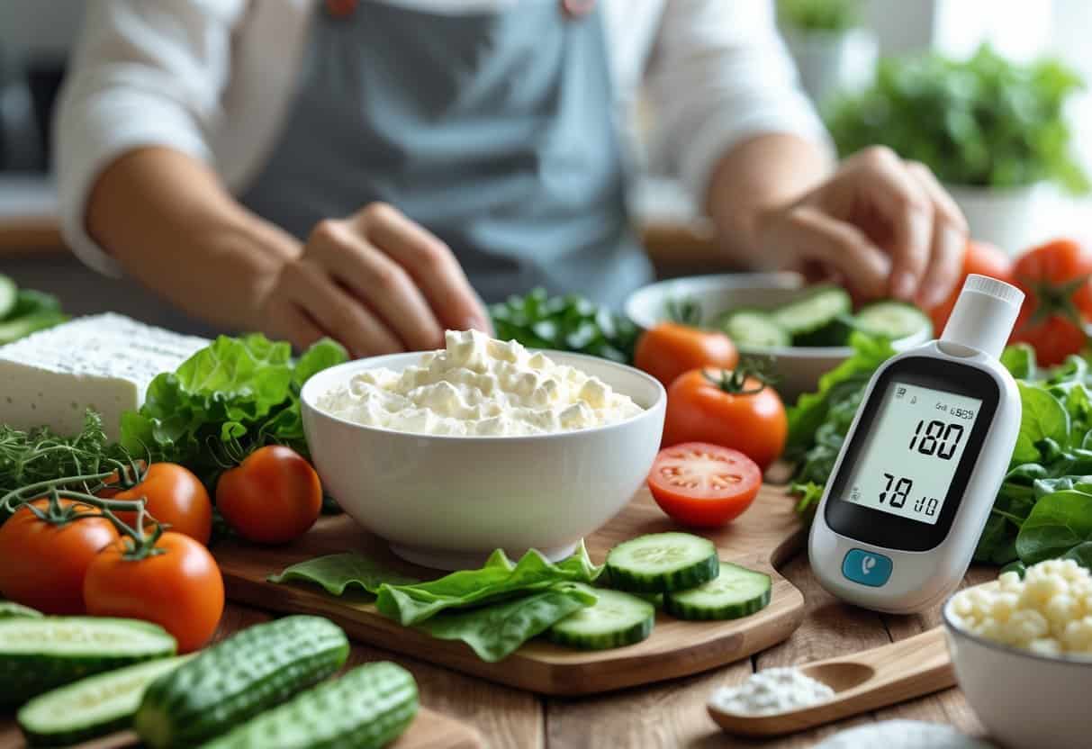 A person preparing a healthy meal with a bowl of quark cheese, fresh vegetables, and a glucometer showing a healthy blood sugar reading on a wooden table.