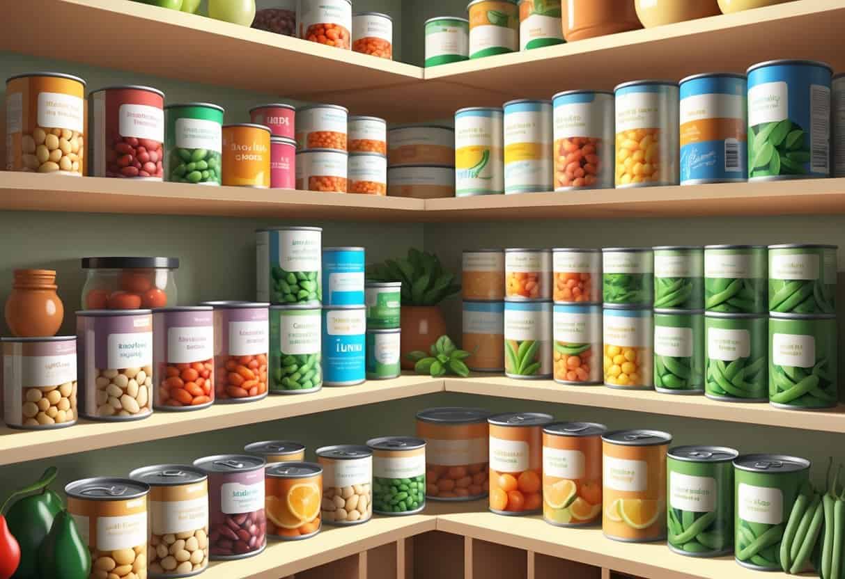 A neatly organized pantry shelf filled with various canned foods like beans, tuna, vegetables, and fruit suitable for a diabetic diet.