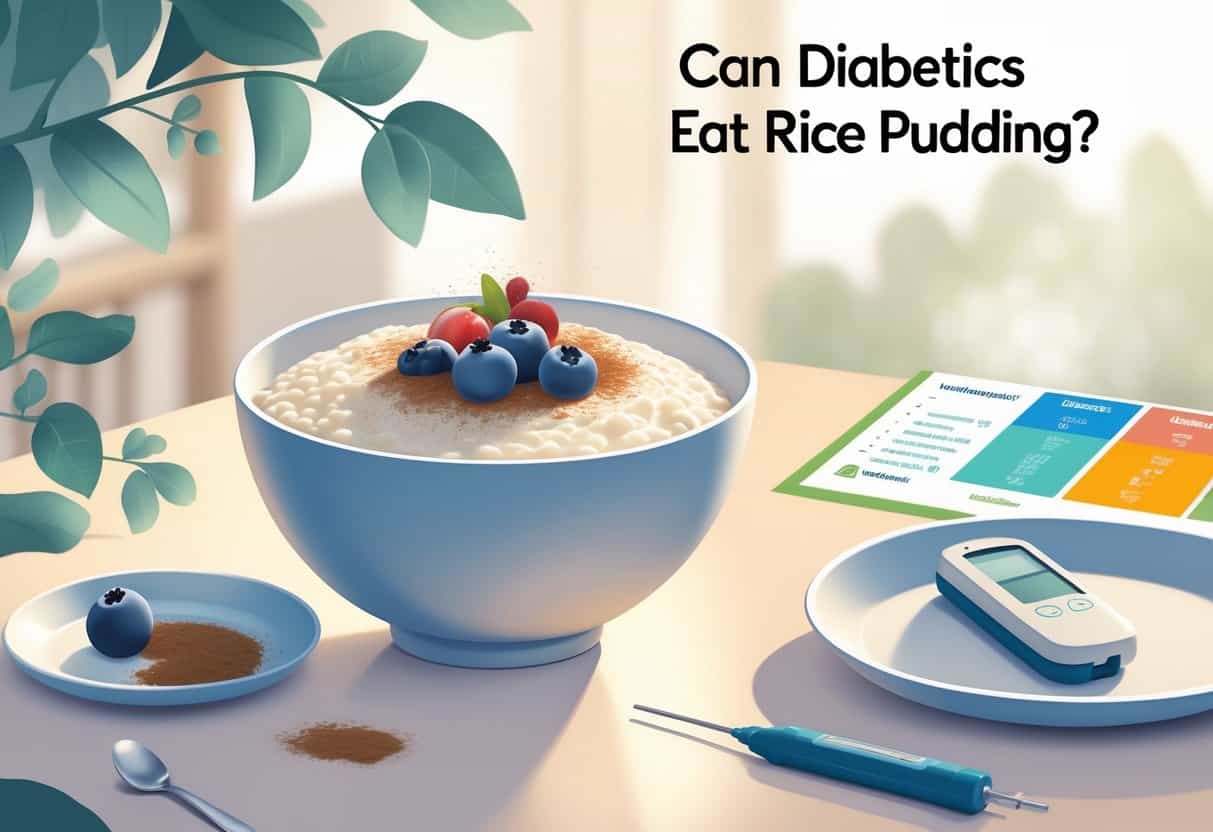 A bowl of rice pudding with cinnamon and berries on a table next to a glucose meter and lancet device.