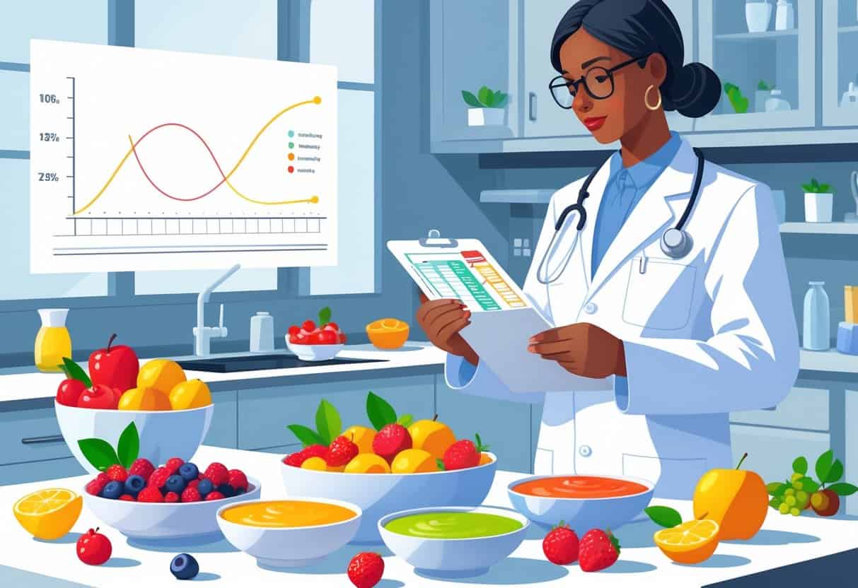 A person in a lab coat examines bowls of fruit-based sauces and fresh fruits on a kitchen counter, with a chart showing blood sugar levels in the background.