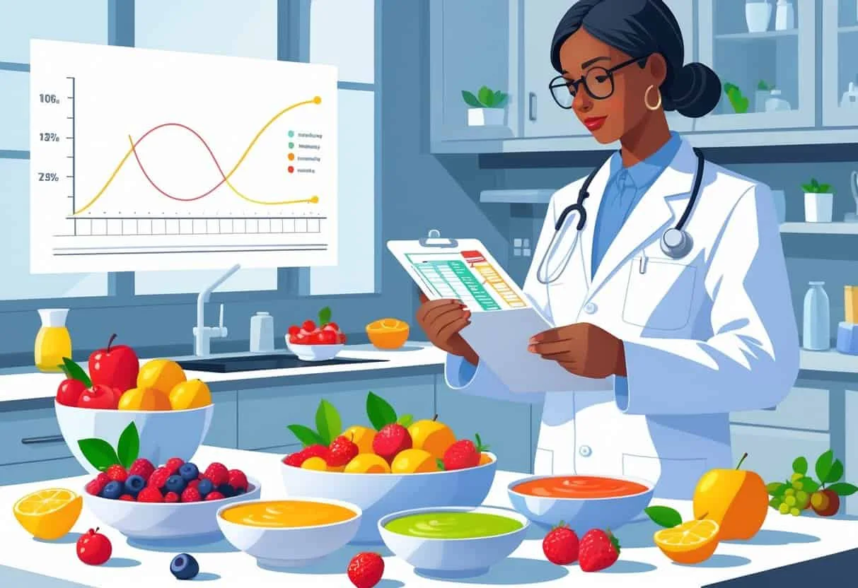 A person in a lab coat examines bowls of fruit-based sauces and fresh fruits on a kitchen counter, with a chart showing blood sugar levels in the background.