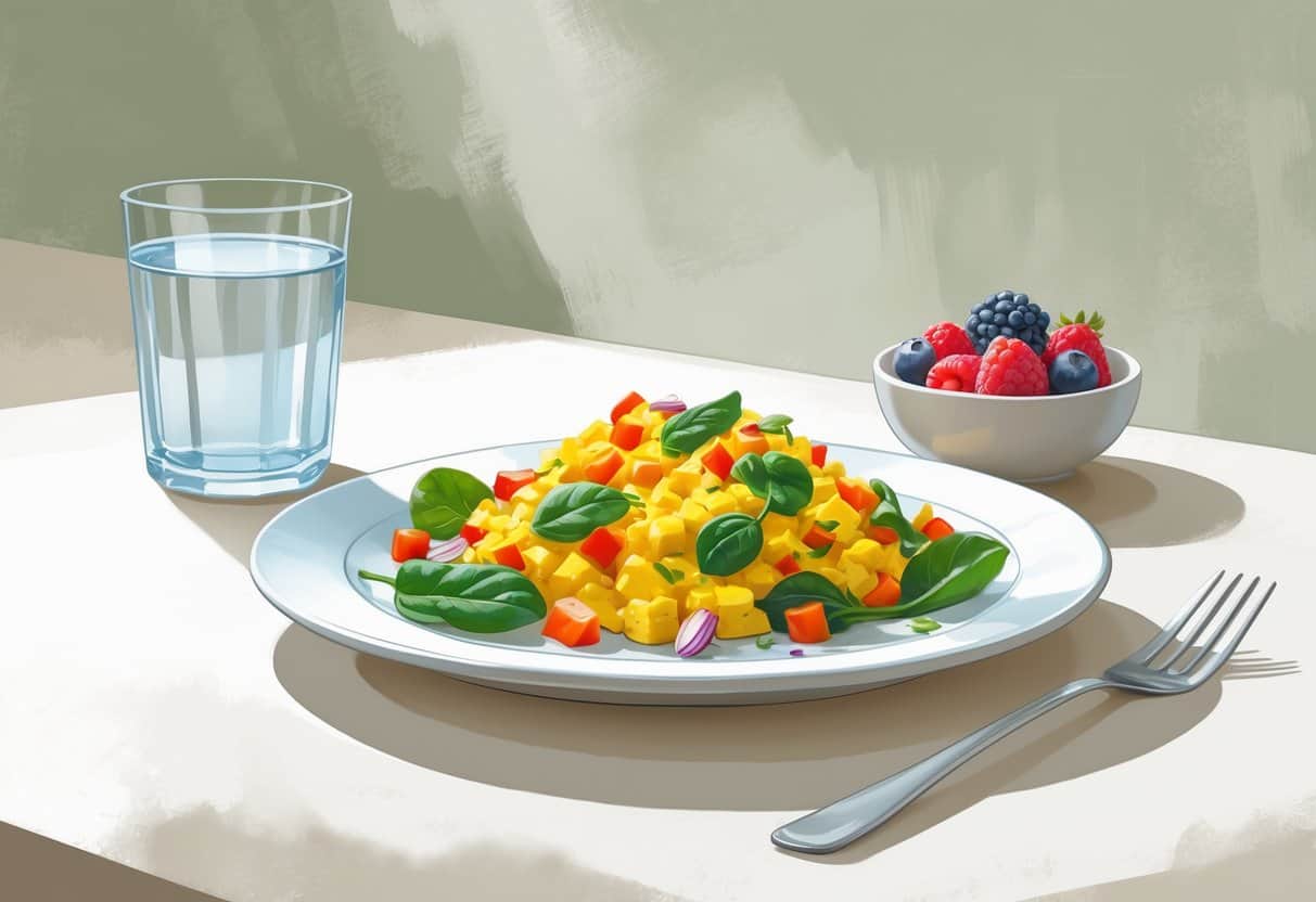 A plate of tofu scramble with vegetables, a glass of water, and a bowl of mixed berries on a kitchen countertop.