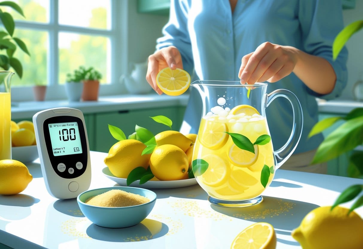 A person preparing homemade lemonade on a kitchen countertop with fresh lemons, a pitcher of lemonade, a bowl of sugar substitute, and a glucometer showing normal blood sugar.