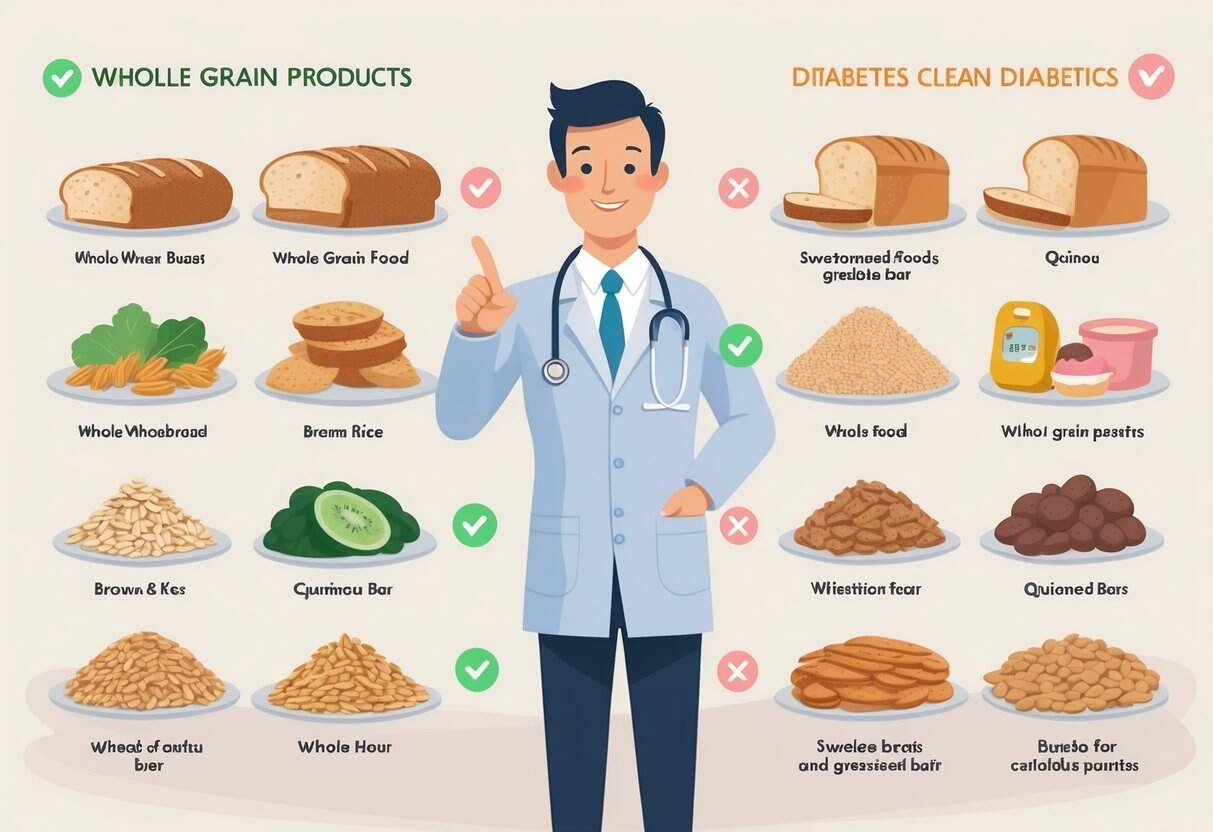 A medical professional compares whole grain foods, showing some as good choices for diabetics and others as less suitable, with health-related icons in the background.