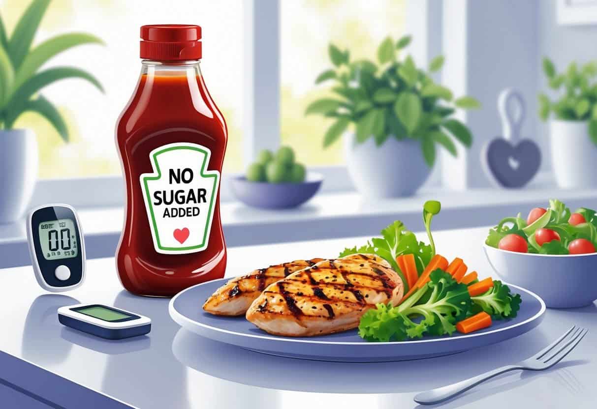 A bottle of no sugar added ketchup on a kitchen counter next to a plate of healthy food with a glucose meter nearby.