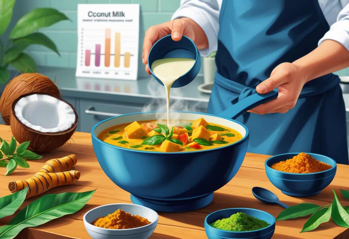 A person preparing a bowl of curry with coconut milk surrounded by fresh ingredients like coconuts and spices in a kitchen setting.
