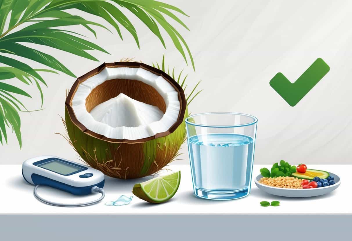 An open coconut with coconut water and a glass of coconut water next to it, accompanied by a glucometer and a healthy meal plate, symbolizing safety for diabetics.