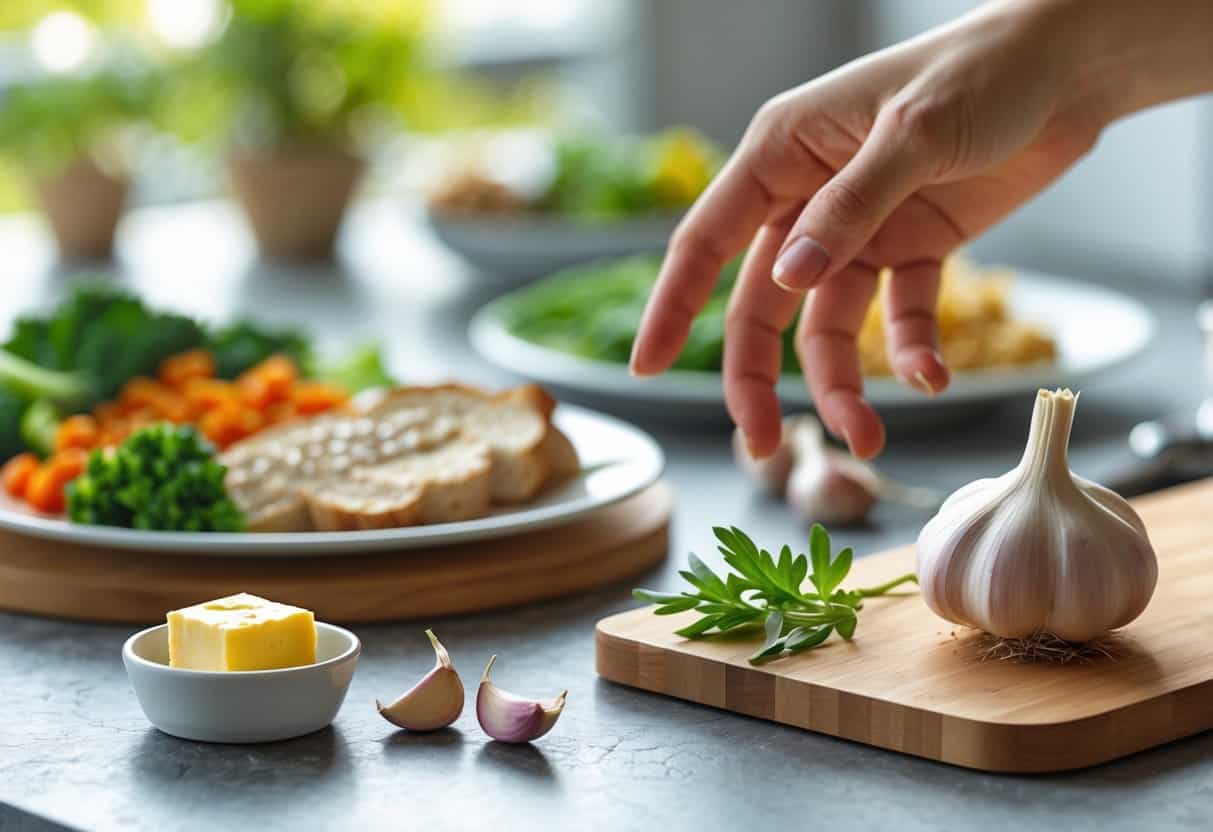 A kitchen scene showing garlic butter, fresh garlic, and a diabetic person reaching for the garlic butter next to a balanced meal plate.