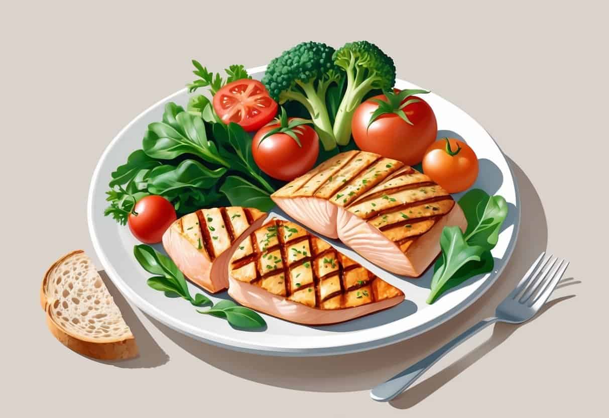 A plate with grilled lean meats, fresh vegetables, and a small portion of whole grain bread on a light background.