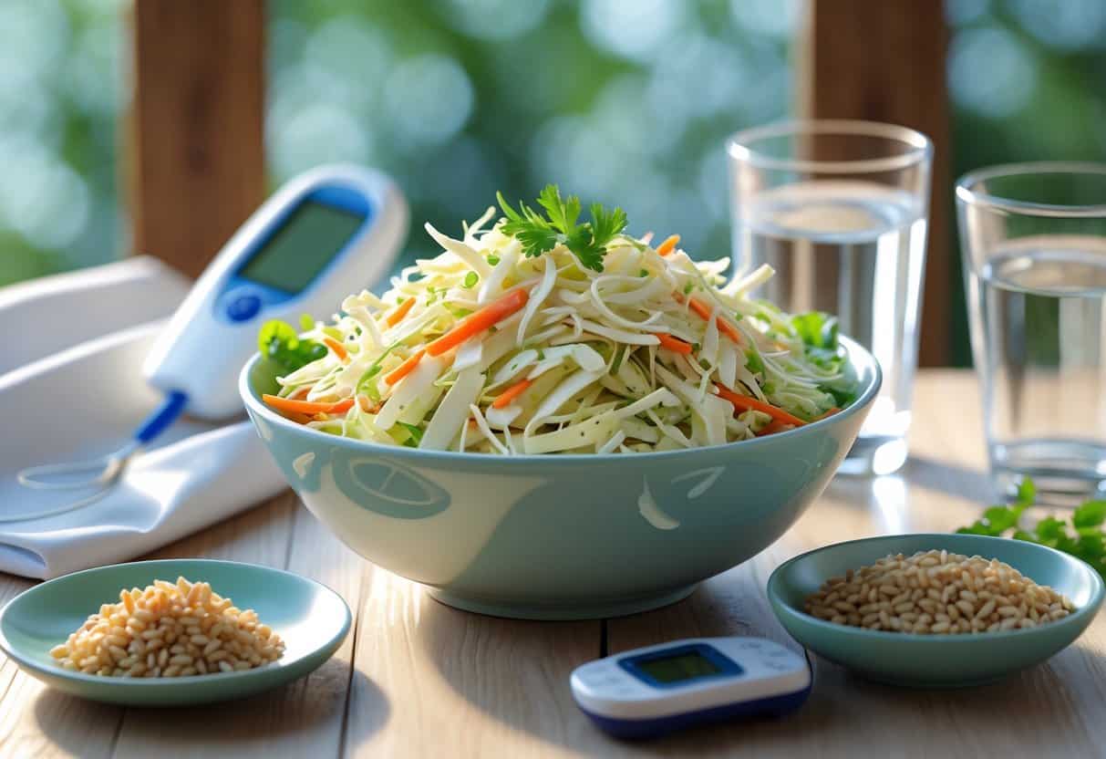 A bowl of fresh coleslaw on a table with a glucometer, a plate of balanced food, and a glass of water nearby.
