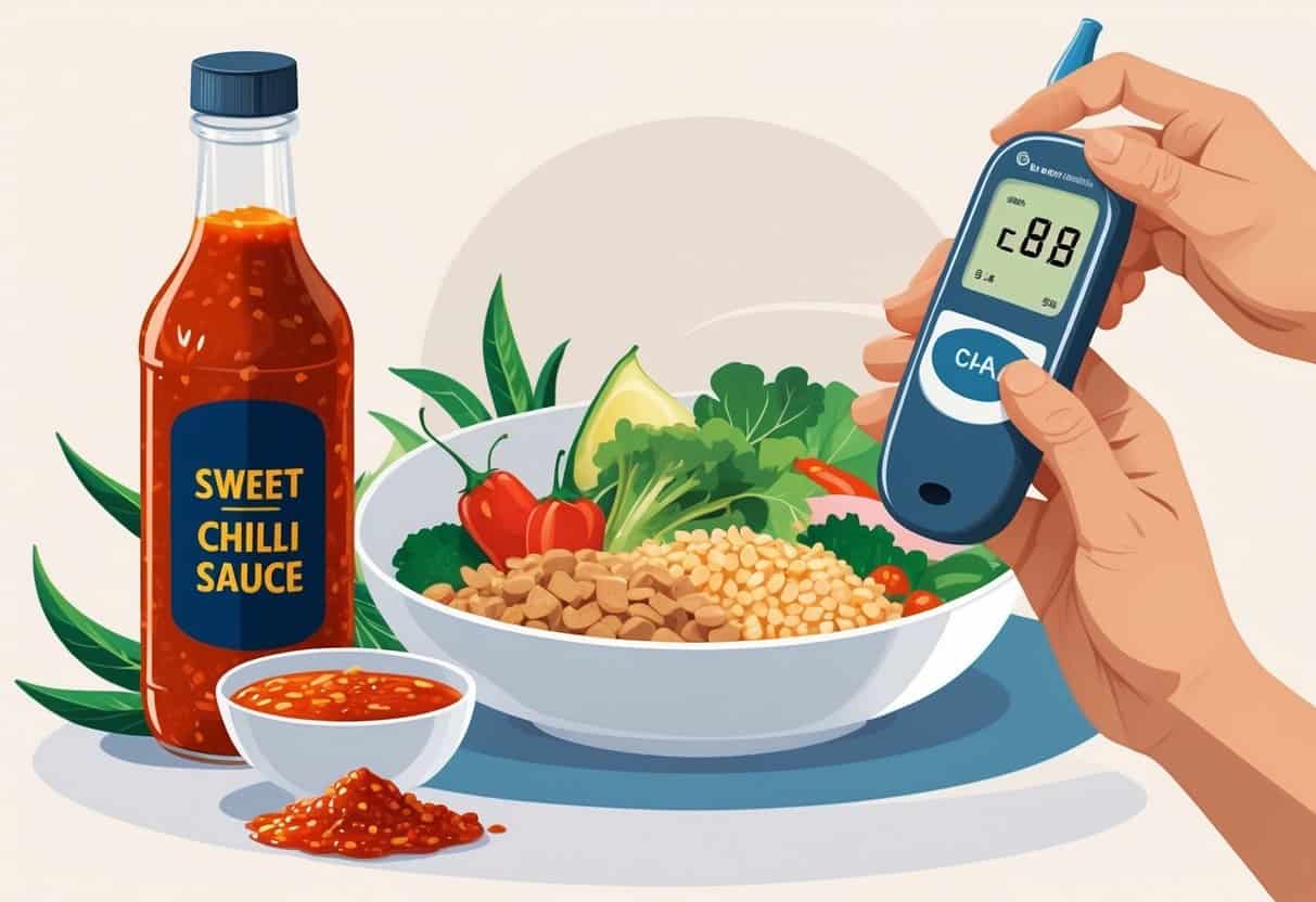 A bottle of sweet chili sauce next to a glucose meter and a healthy meal plate with vegetables and protein.