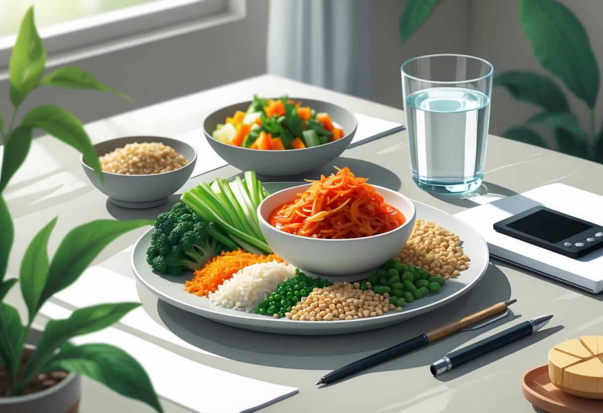 A plate with kimchi and other healthy foods on a table, accompanied by a glucose meter and a notebook.