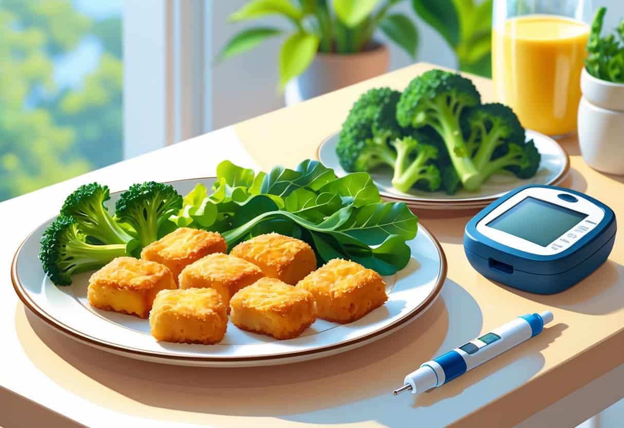 A plate with baked chicken nuggets and fresh green vegetables on a table with a glucose meter and insulin pen nearby.