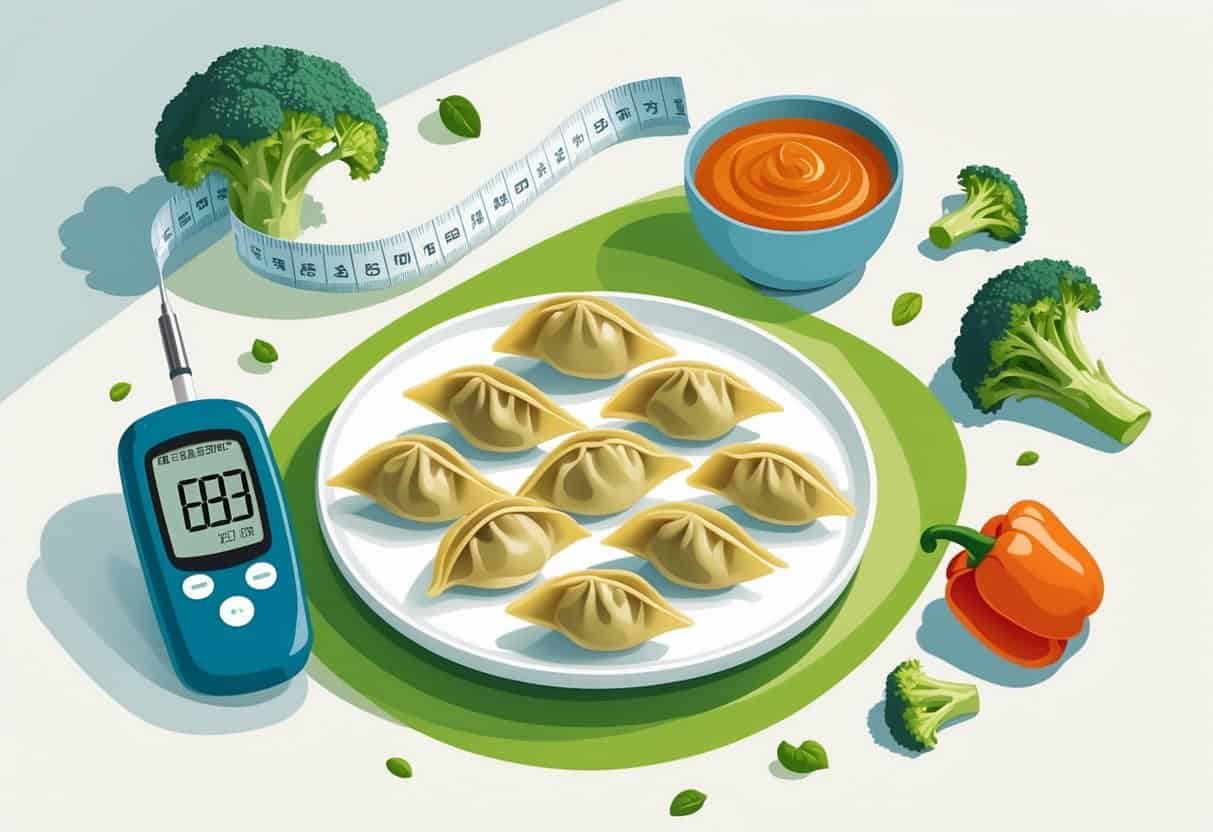 A plate of potstickers with dipping sauce, a glucose meter, fresh vegetables, and a measuring tape arranged to suggest healthy eating for diabetics.