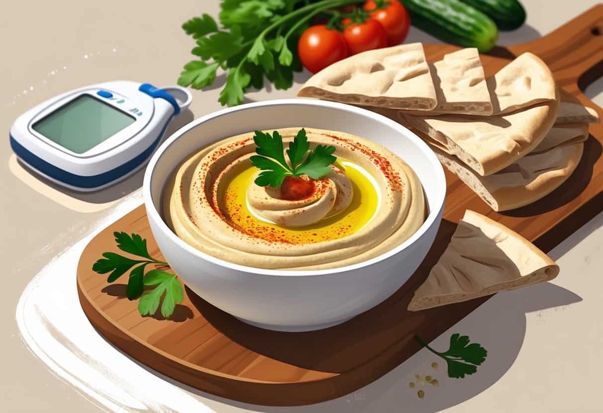 A bowl of hummus with olive oil and parsley, whole wheat pita bread wedges on a wooden board, a glucose meter, and fresh vegetables on a table.