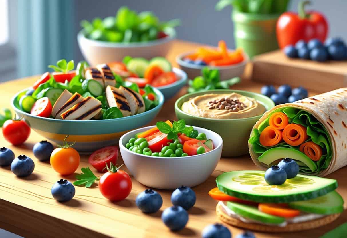 A variety of healthy cold lunch dishes including a salad, vegetable sticks with hummus, a whole grain wrap, and fresh berries arranged on a wooden table.