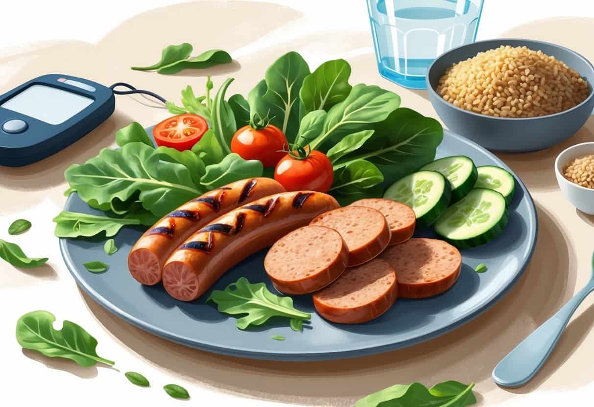 A plate with grilled sausage slices, fresh vegetables, and a small bowl of grains, with a glucometer and water glass nearby.