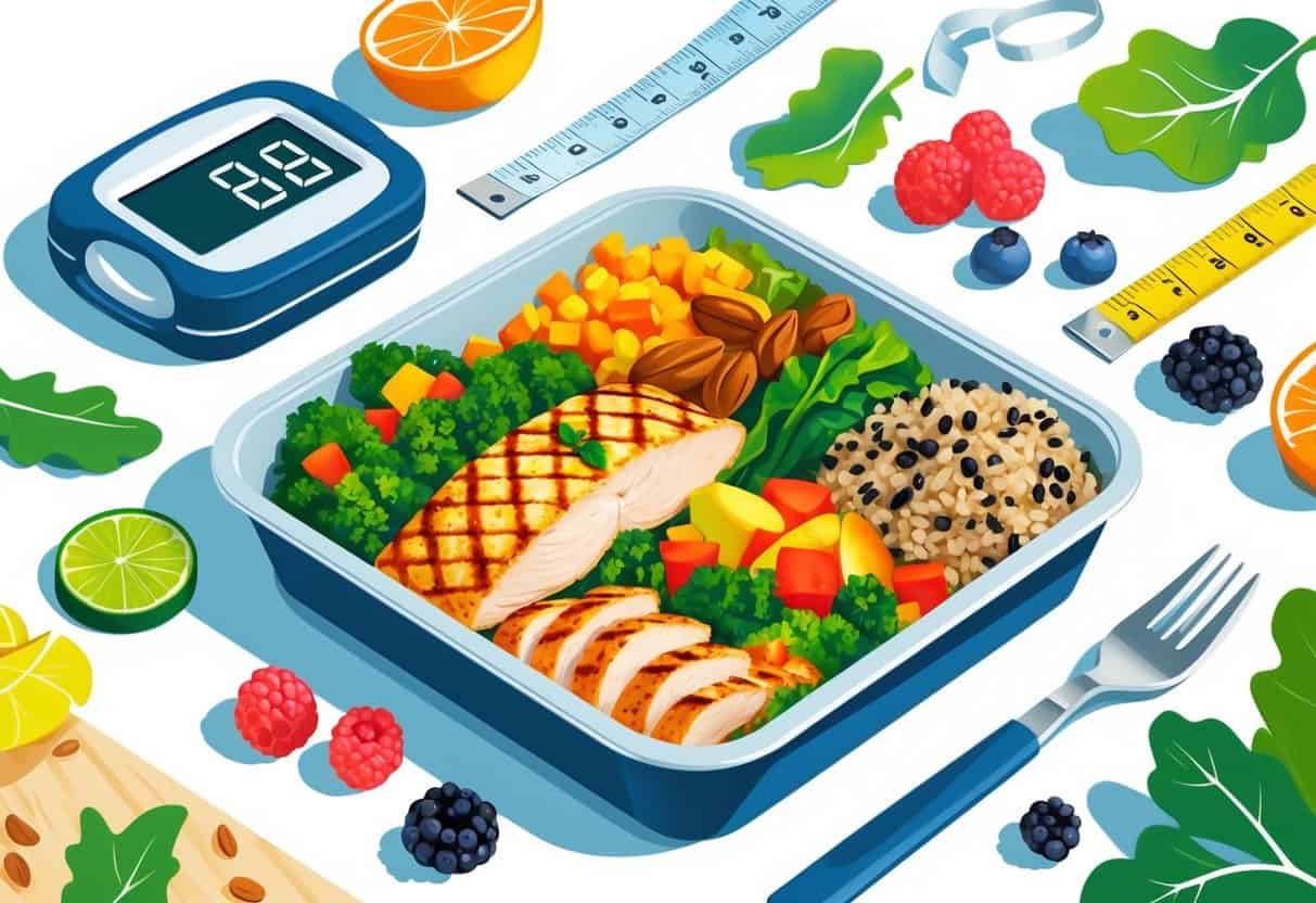 A frozen meal tray with vegetables, lean protein, and grains alongside a glucometer and fresh ingredients symbolizing healthy eating for diabetics.