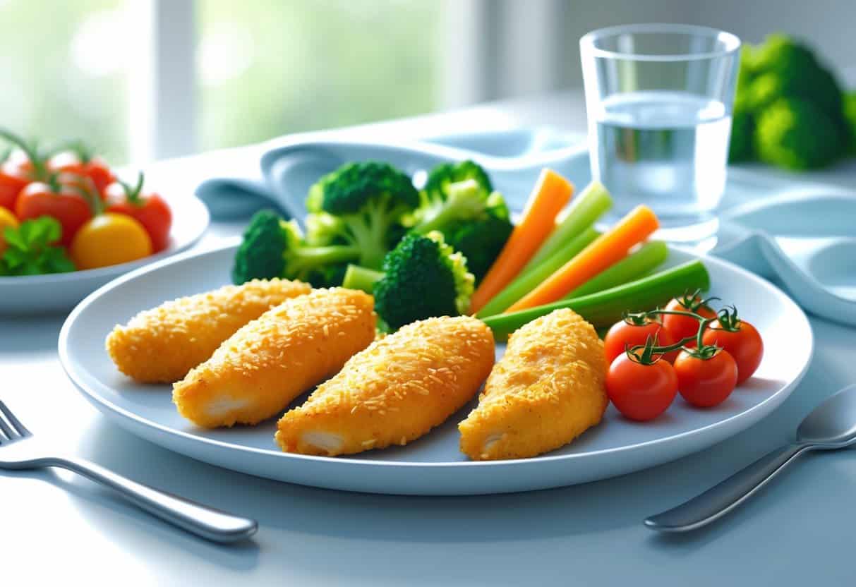 A plate with chicken tenders and fresh vegetables, alongside a glucose meter and a glass of water.