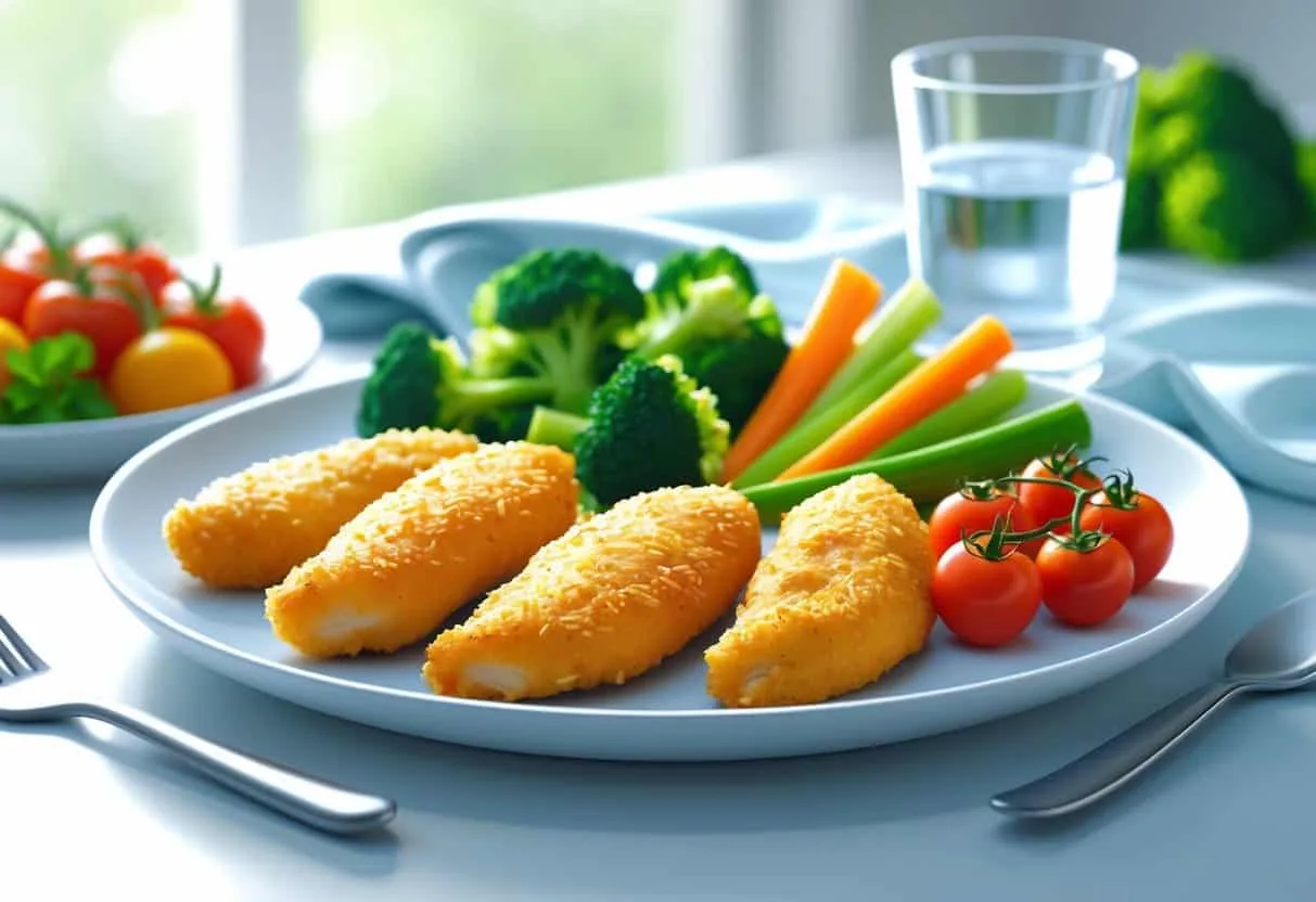 A plate with chicken tenders and fresh vegetables, alongside a glucose meter and a glass of water.