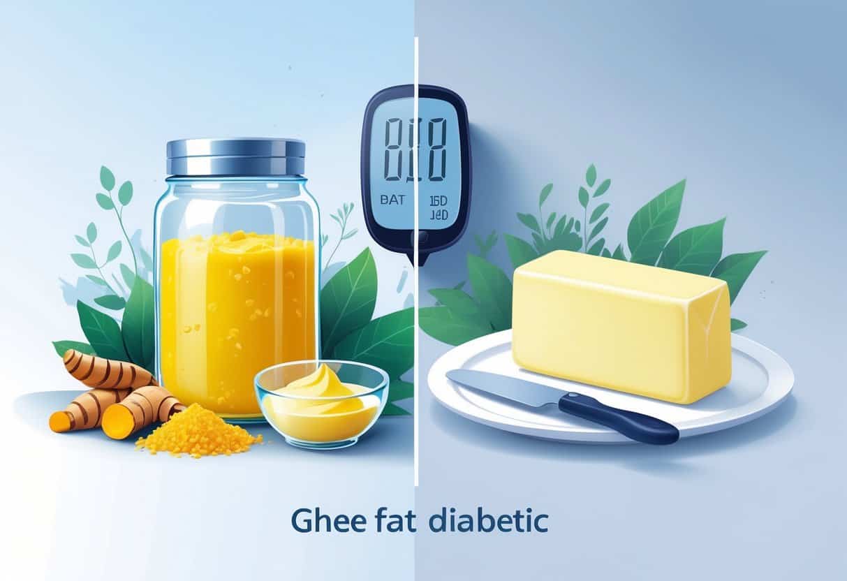 A balanced illustration showing a jar of golden ghee and a stick of butter with a blood glucose monitor in between, symbolizing a comparison of fats for diabetics.