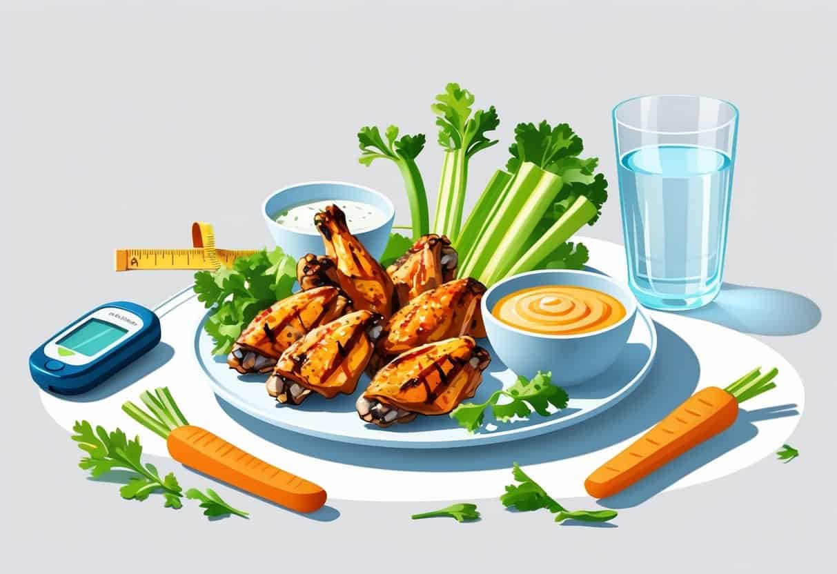 A plate with grilled chicken wings, fresh vegetable sticks, a small bowl of dipping sauce, a glucose meter, and a glass of water arranged on a table.