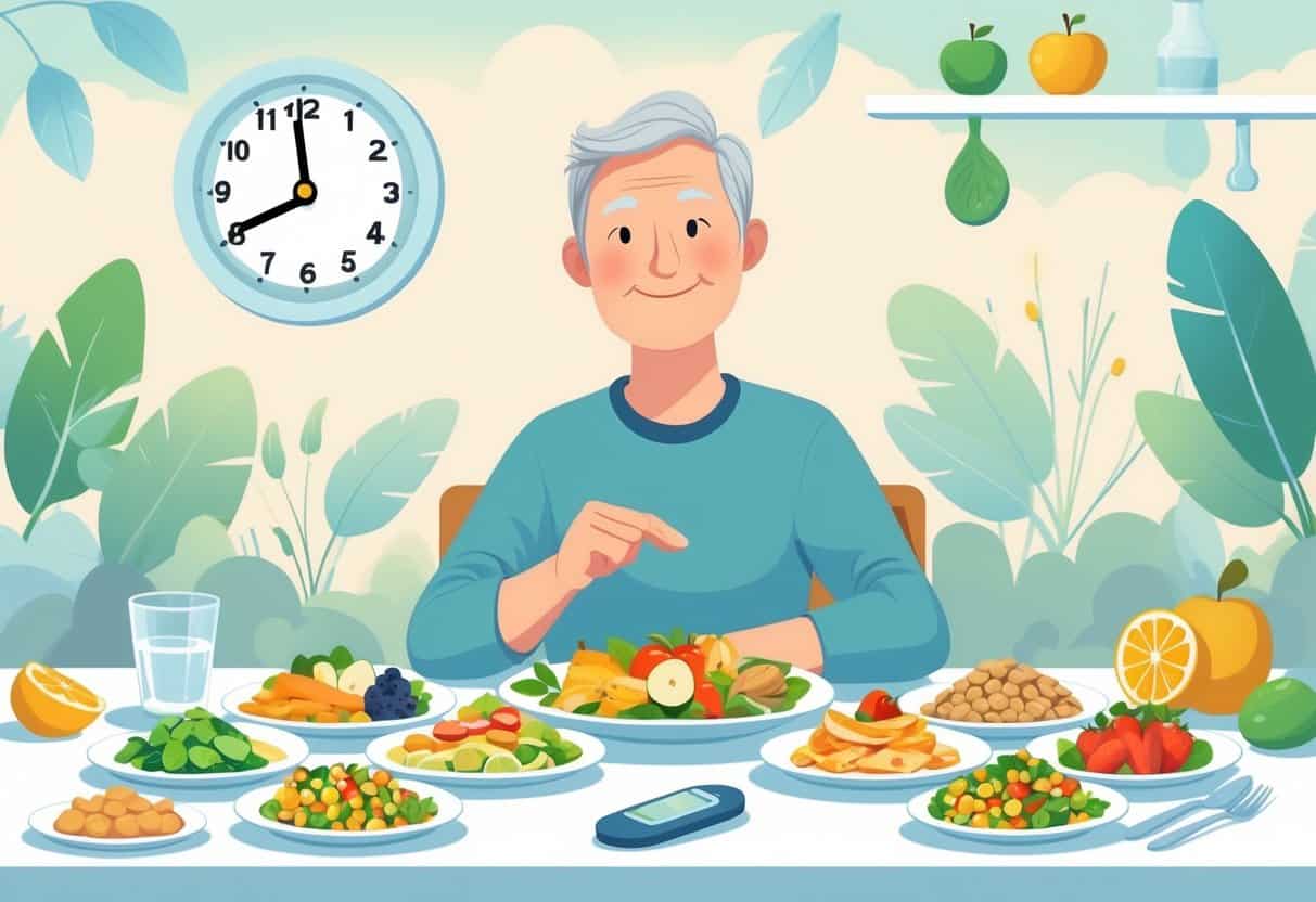 A person sitting at a table with healthy foods arranged as smaller frequent meals on one side and larger less frequent meals on the other, with a clock in the background and a glucose meter on the table.