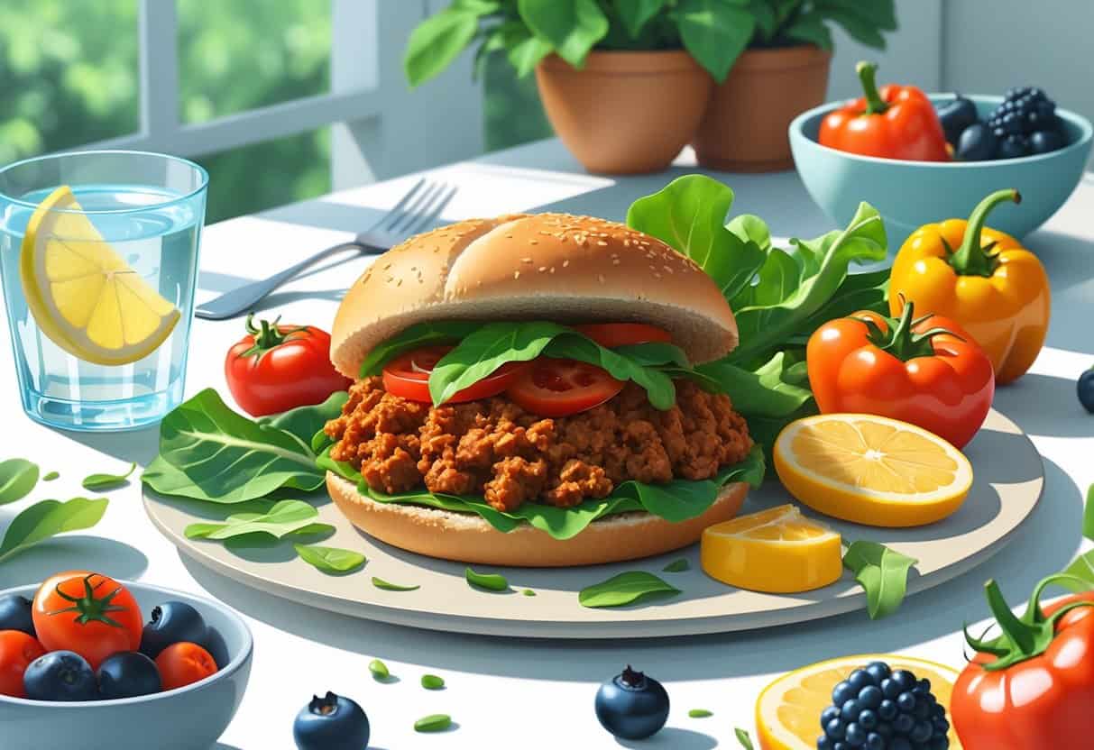 A sloppy joe sandwich made with lean meat on a whole grain bun, surrounded by fresh vegetables and a bowl of berries on a kitchen table.