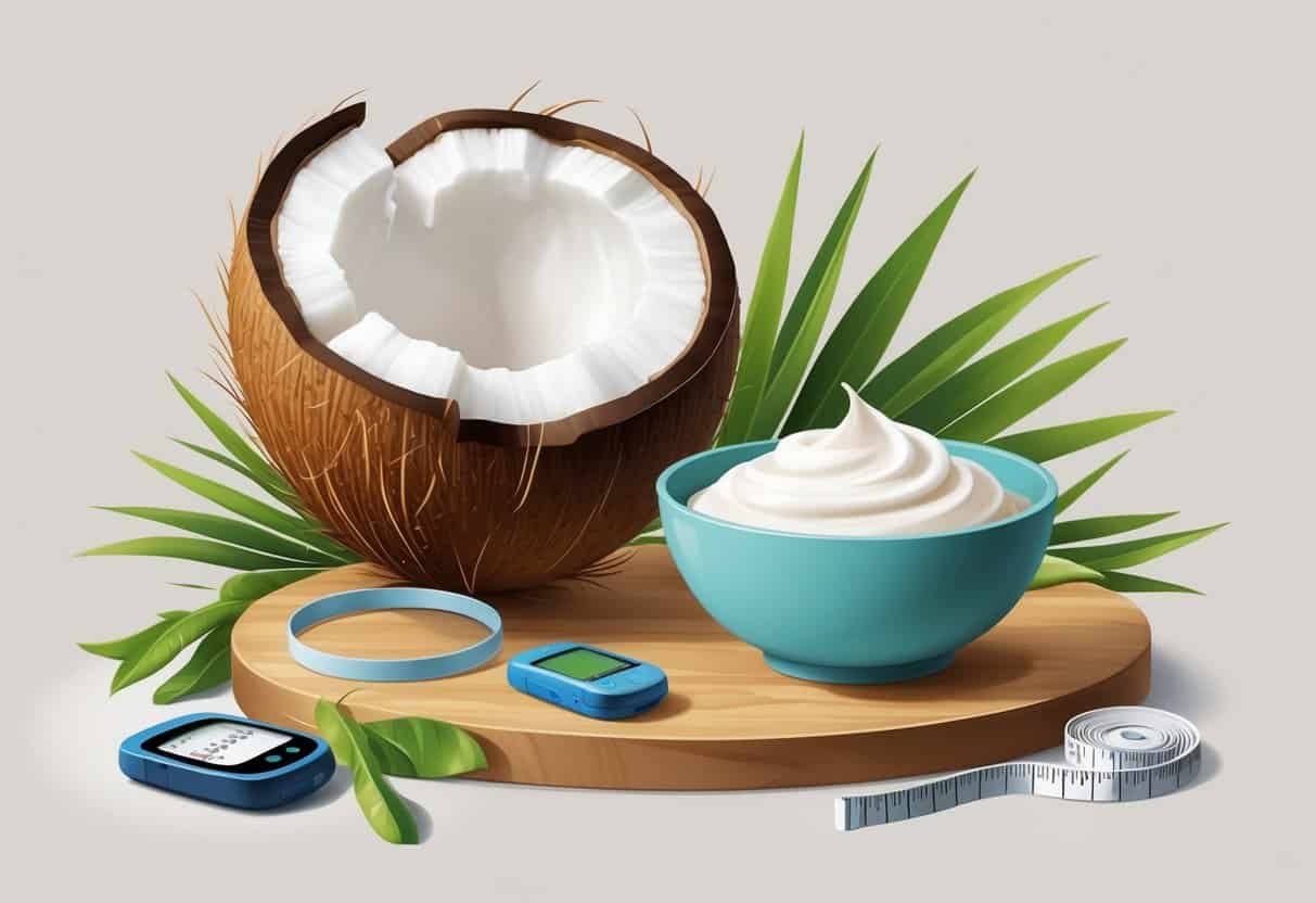 A fresh coconut cut open with coconut cream in a bowl, alongside a glucose meter, vegetables, and a measuring tape on a wooden surface.