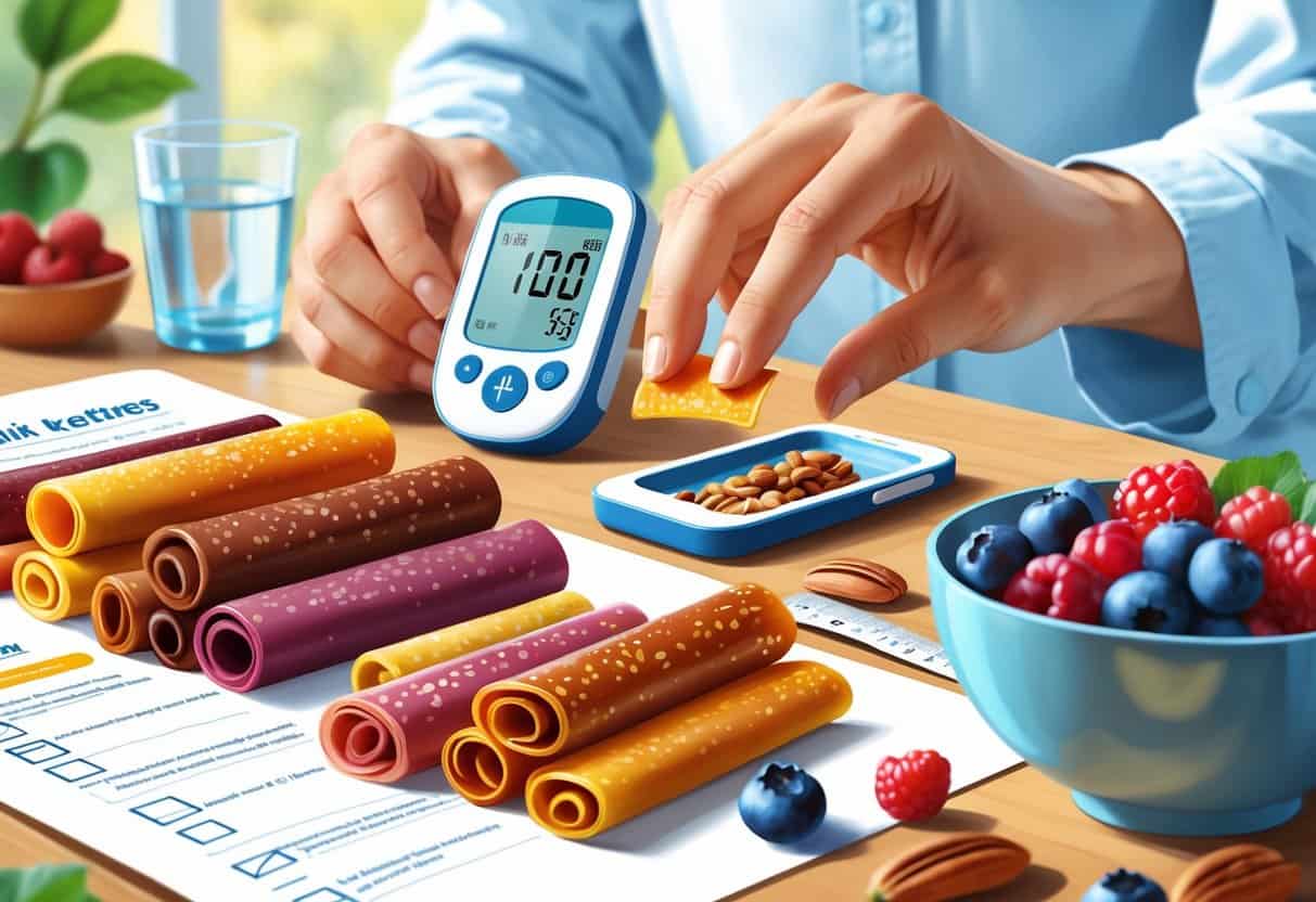 A table with fruit leathers, dried snacks, fresh berries, nuts, a glucometer, and a hand reaching for a snack.