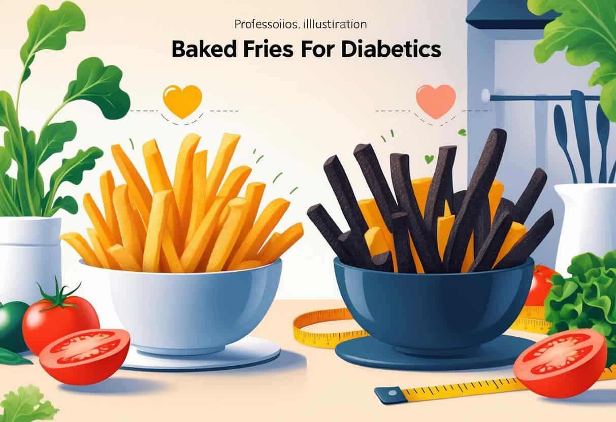 A bowl of baked fries with a heart symbol and a bowl of fried fries with a caution symbol on a kitchen table with fresh vegetables and a measuring tape.