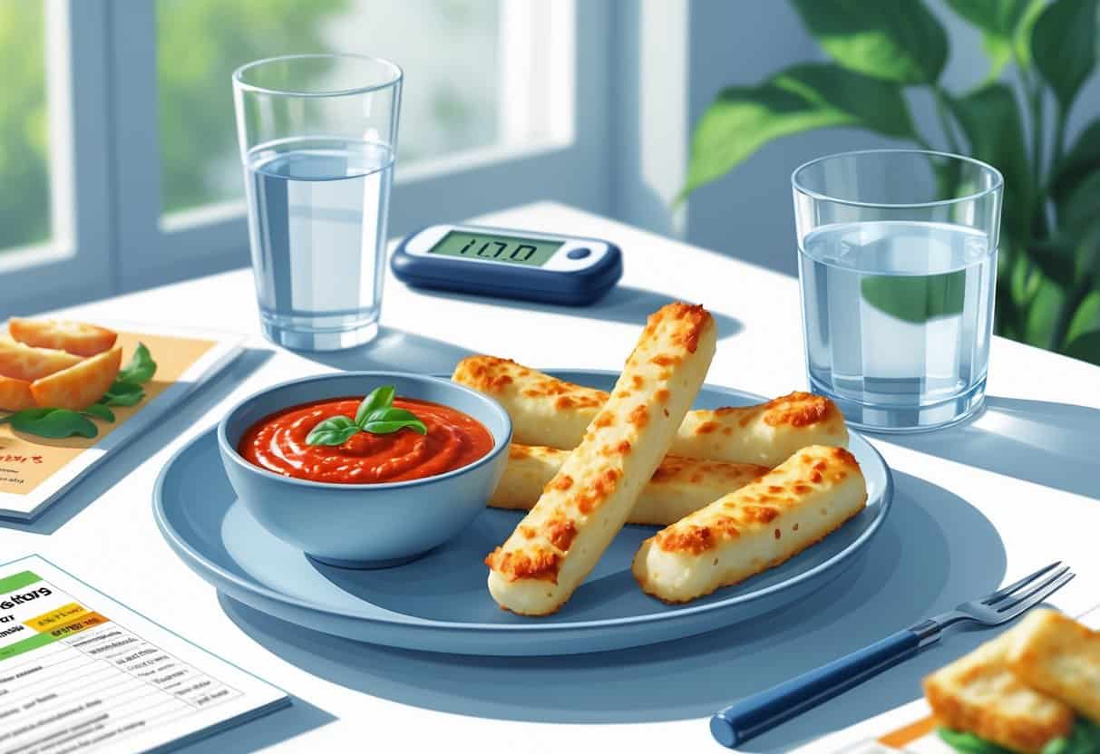 A plate of mozzarella sticks with marinara sauce, a glucometer showing normal blood sugar, and a glass of water on a table.