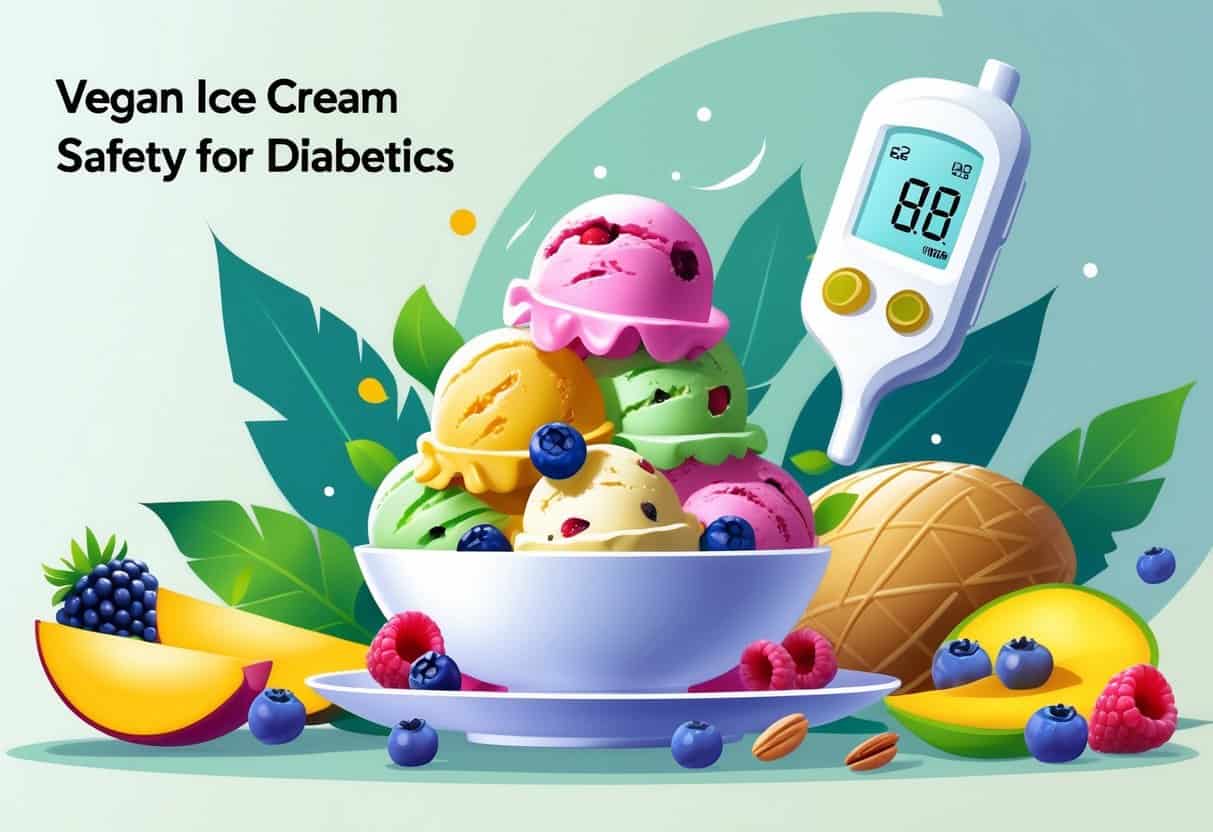 A bowl of vegan ice cream with fresh fruits and nuts beside a glucose meter showing a safe blood sugar level.