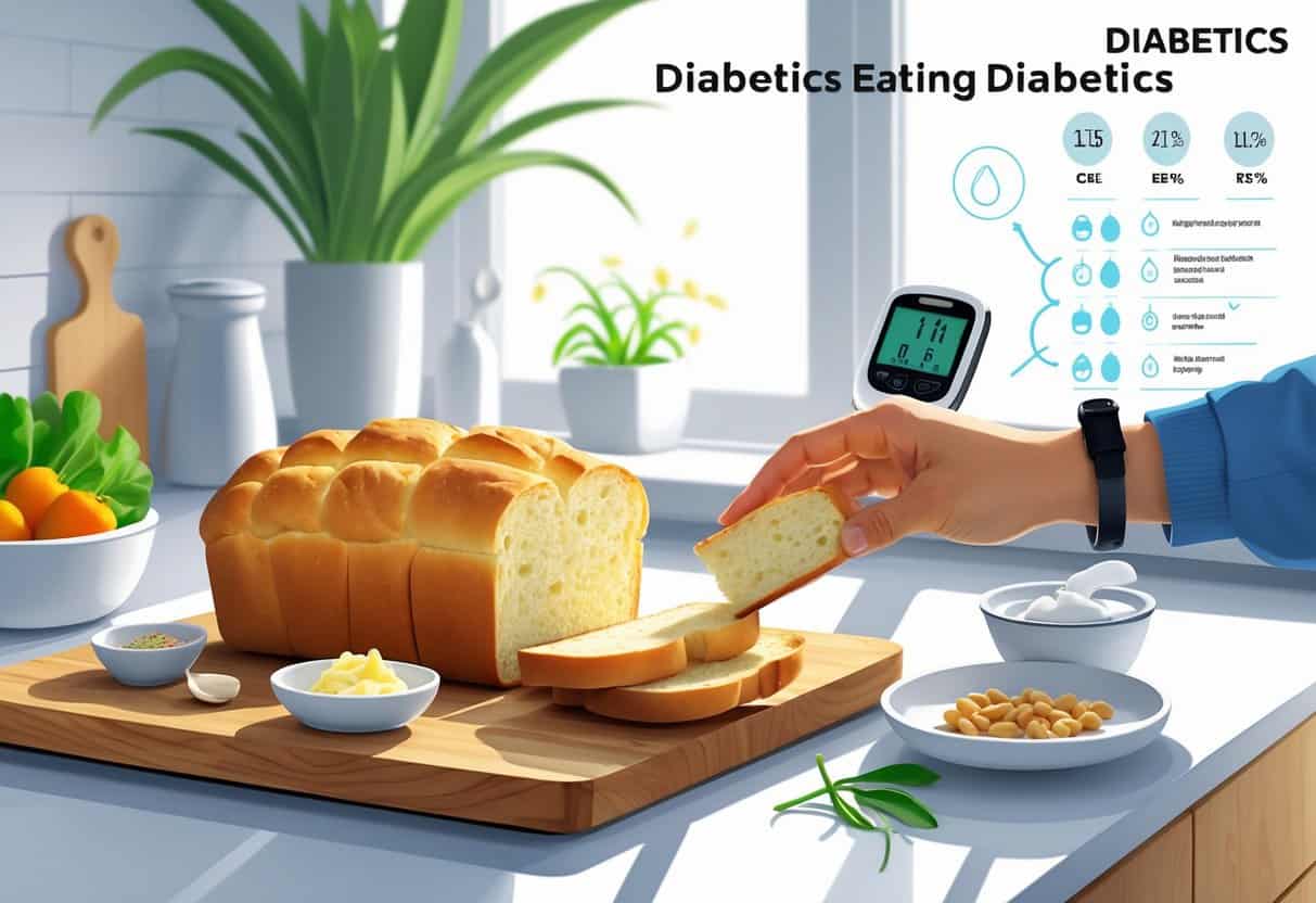 A kitchen scene showing a person with a medical bracelet reaching for sliced garlic bread on a cutting board, with a glucose monitor and healthy food portions nearby.