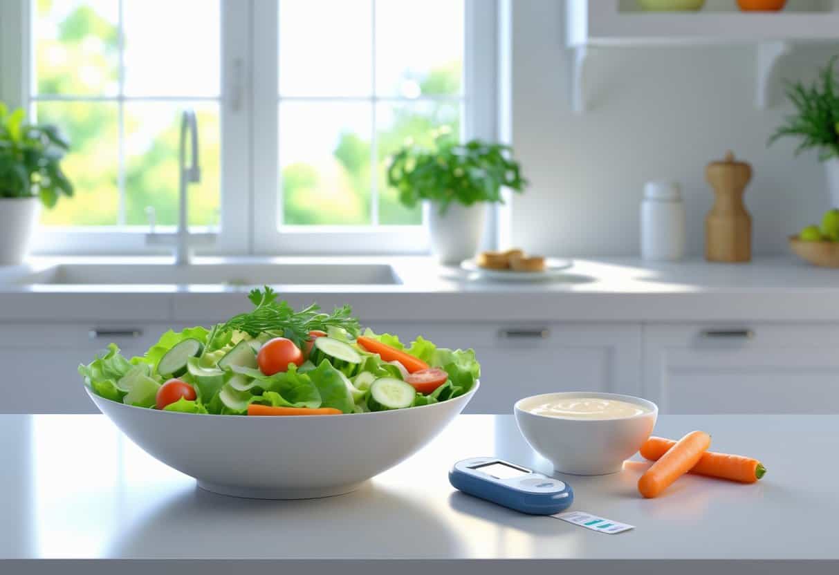 A bowl of fresh salad with a small bowl of creamy dressing and a glucose meter on a kitchen countertop.