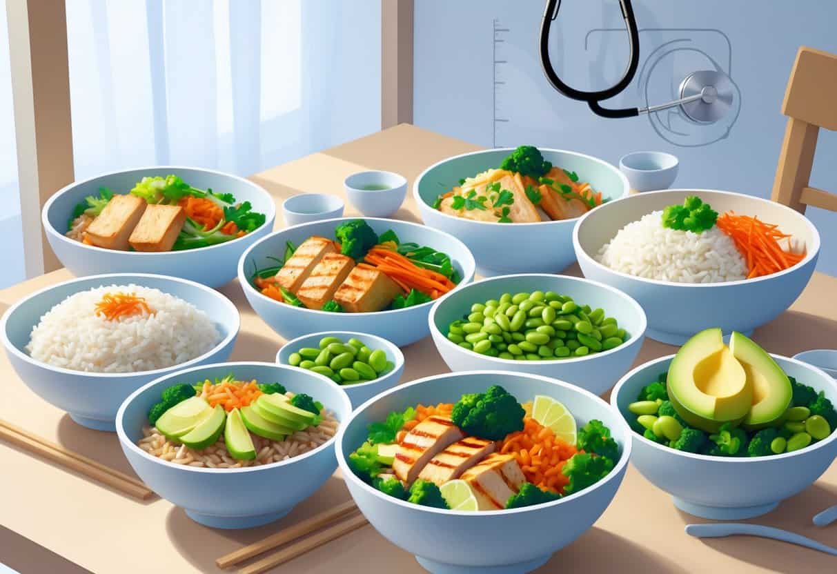 A variety of Asian-inspired rice bowls with fresh vegetables, grilled chicken, tofu, and rice arranged on a wooden table with a subtle medical symbol in the background.