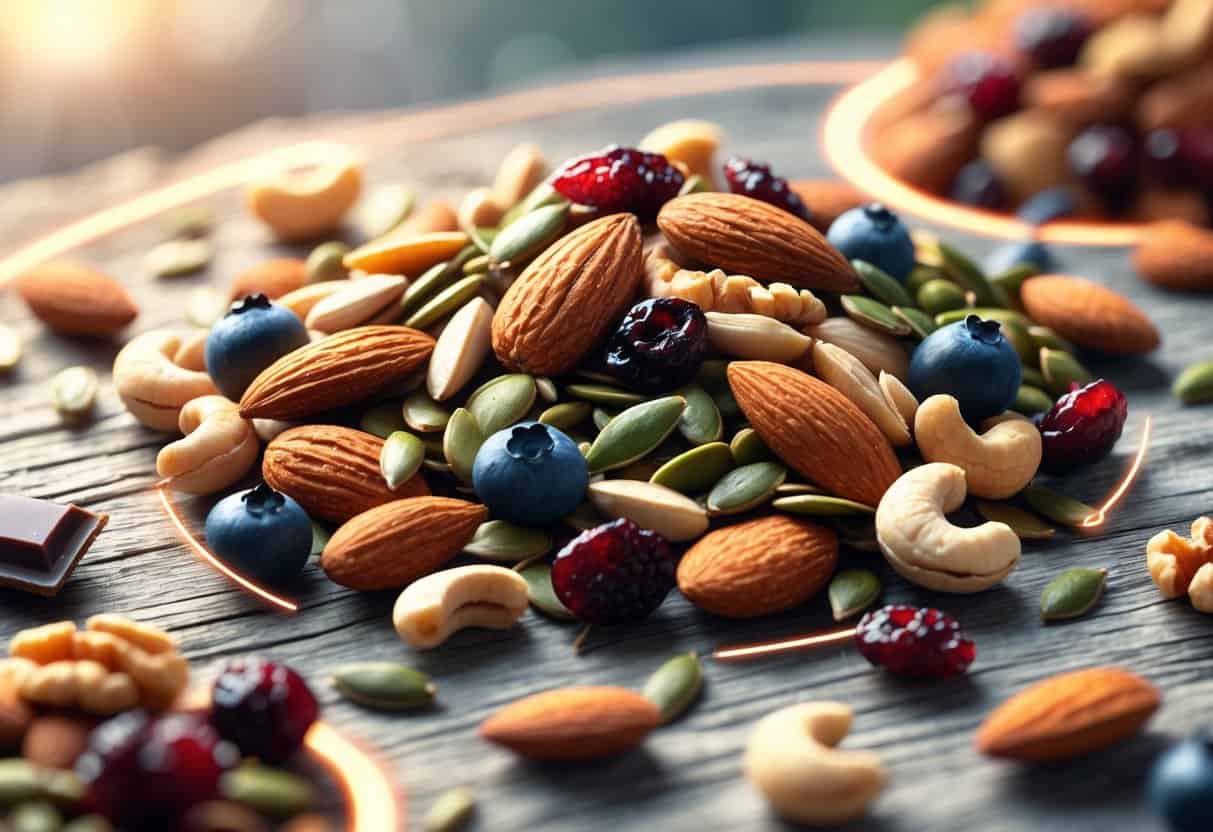 An assortment of nuts, seeds, dried fruits, and dark chocolate pieces arranged on a wooden surface, symbolizing a healthy trail mix for blood sugar stability.