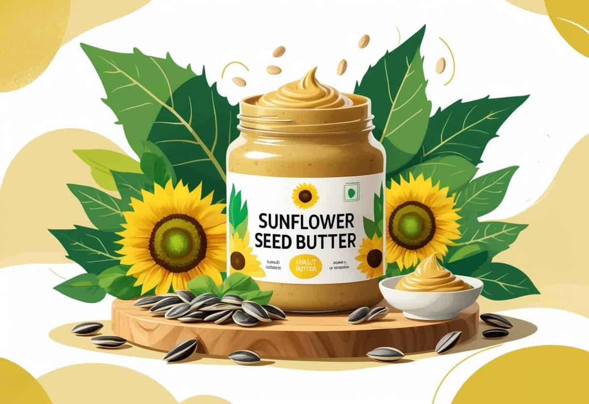 A jar of sunflower seed butter on a cutting board surrounded by sunflower seeds and green leaves, with a glucose monitor and a balanced meal plate in the background.