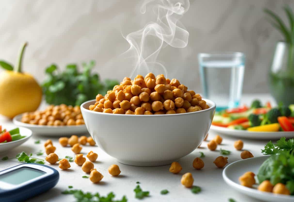 A bowl of roasted chickpeas next to a glucose meter and a plate of vegetables, representing healthy eating for diabetics.