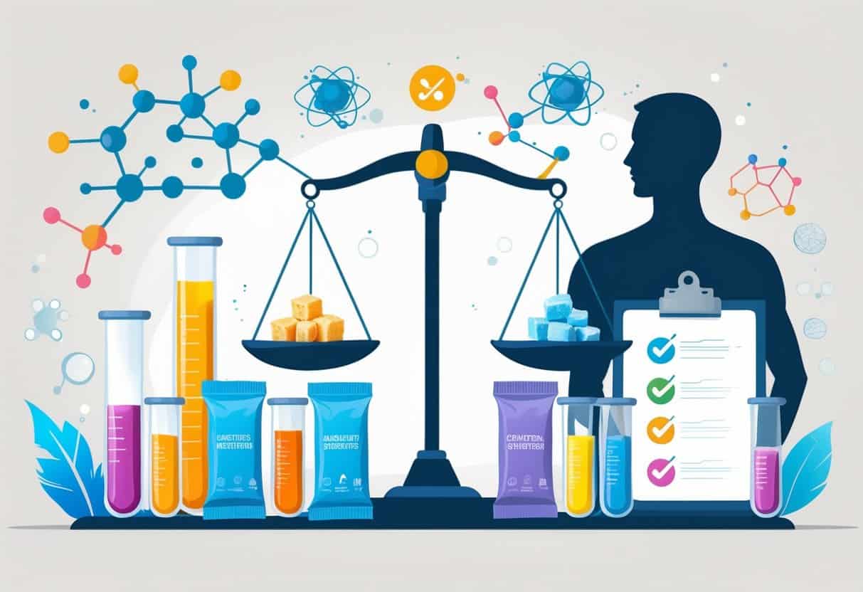 A balanced scale with sweetener packets and sugar cubes on one side and a healthy human figure on the other, surrounded by scientific symbols like molecules and test tubes.