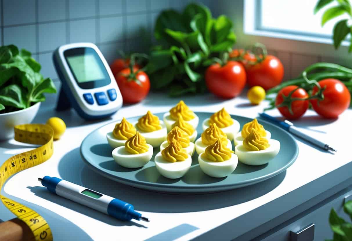 A plate of deviled eggs on a kitchen countertop with a glucose meter, insulin pen, measuring tape, and fresh vegetables nearby.