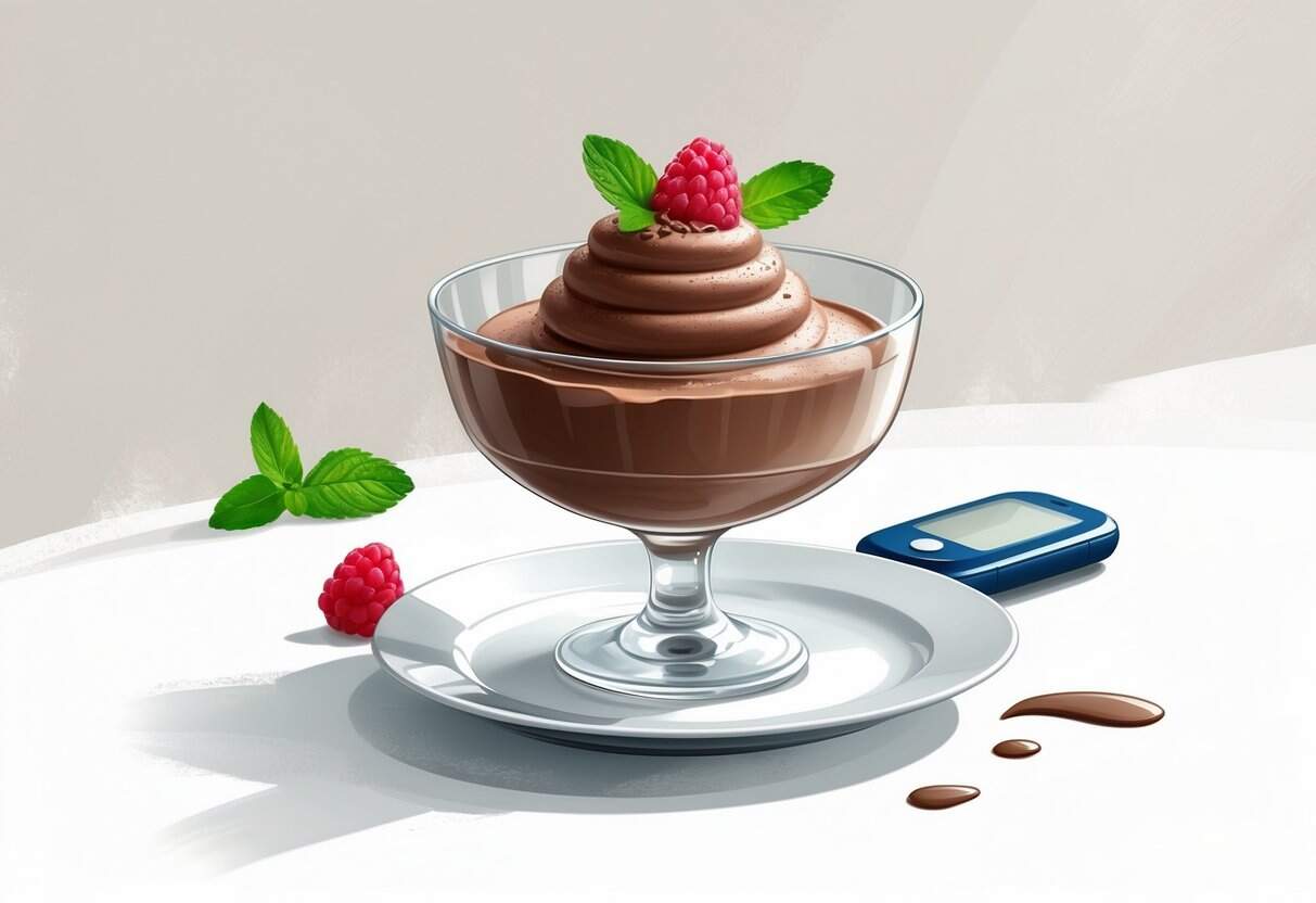 A chocolate mousse dessert in a glass bowl with mint and raspberries on a plate, alongside a glucose meter and a drop of blood on a table.