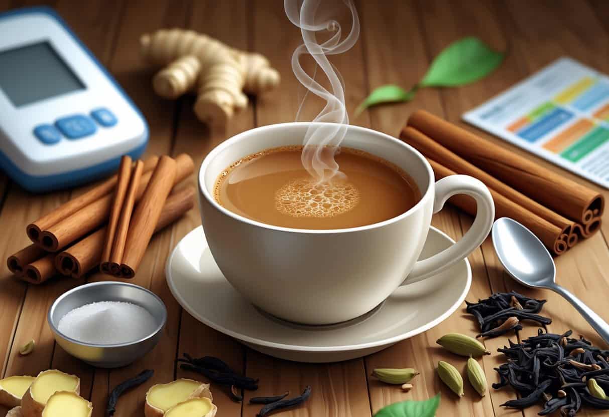 A cup of masala chai surrounded by spices and a sugar bowl, with a glucose meter and food guide faintly visible in the background.
