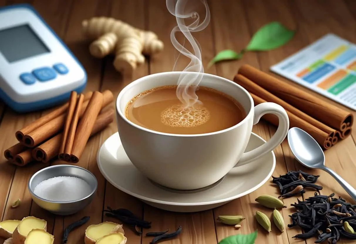 A cup of masala chai surrounded by spices and a sugar bowl, with a glucose meter and food guide faintly visible in the background.